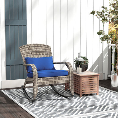 Chaise berçante de véranda bleu foncé, style avec dossier haut luxueux et coussin de siège rembourré pour le jardin, le patio, le dossier du balcon, le coussin