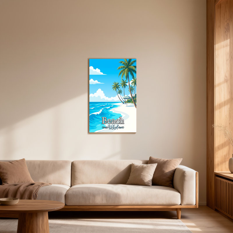 Scénario et paysages urbains Plage Palmiers Océan Ciel Parasol Sable Vagues Soleil, H 36 po x l 24 po