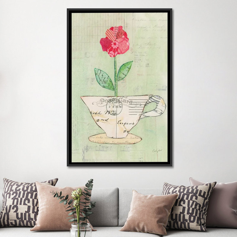 « i », impression sur toile Teacup Floral, H 48 po x l 32 po x P 1,5 po, Toile avec cadre noir, Non mat