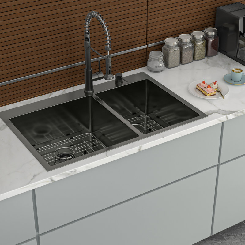 Gunmetal Black 33" Double Bowl Drop In Kitchen Sink 16 Gauge 60/40 Split, 10" Deep, Hand - Made With Rear 3.5 Drain, X Grooves, 3Mm Sound Proof Lining, Treatment, Package Accessories 33"X22"
