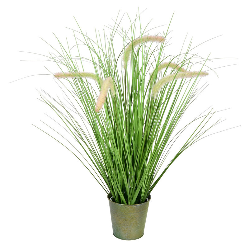 Tiny Green Faux Grass Plant in Decorative Iron Pot