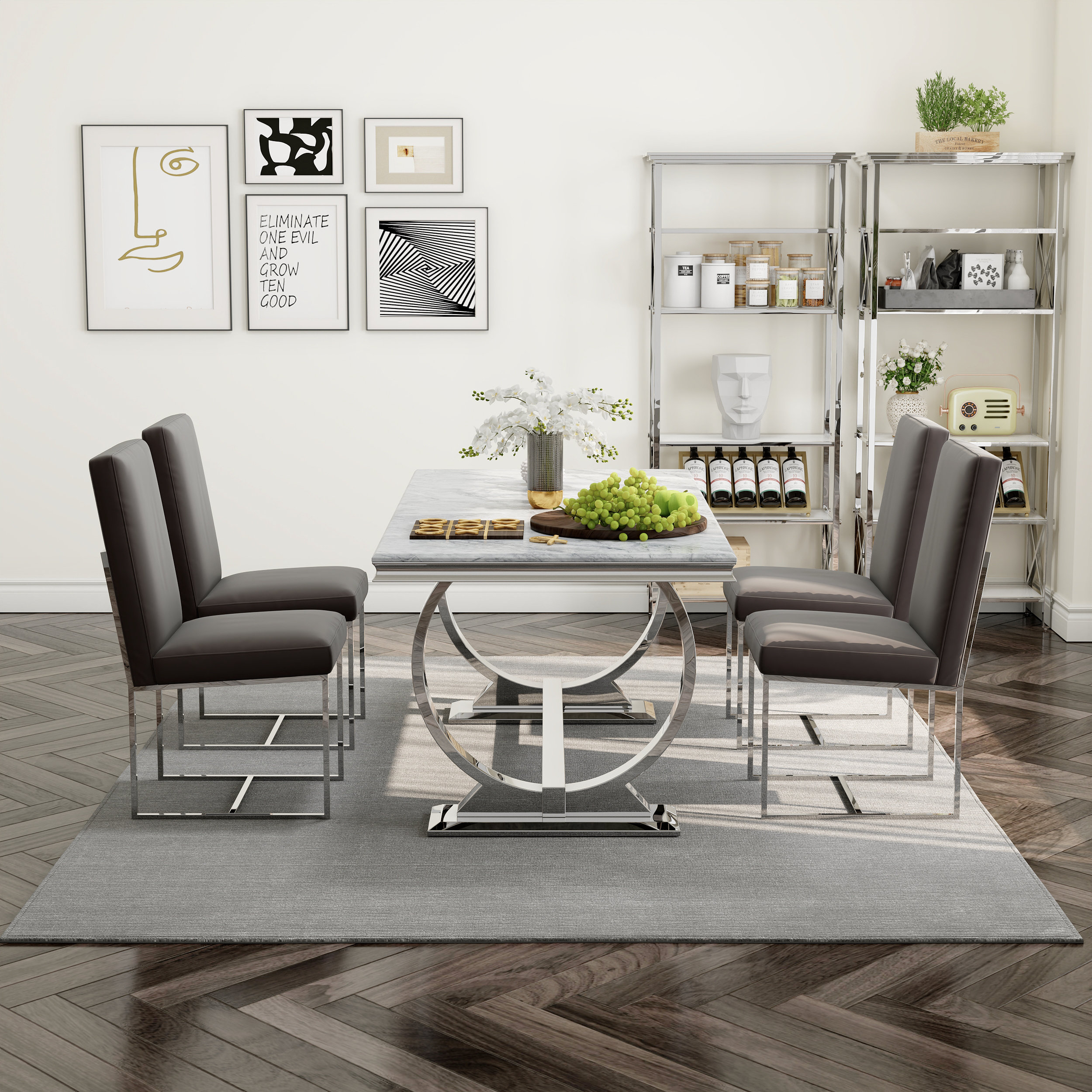 Orren Ellis Luxury Grey Leather Dining Chairs Set Of 4 With Mirrored ...