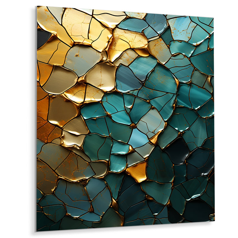 Abstrait bleu sarcelle or calcaire cristallin - marbre, art mural, Métal métal, H 40 po x l 30 po x P 1,5 po