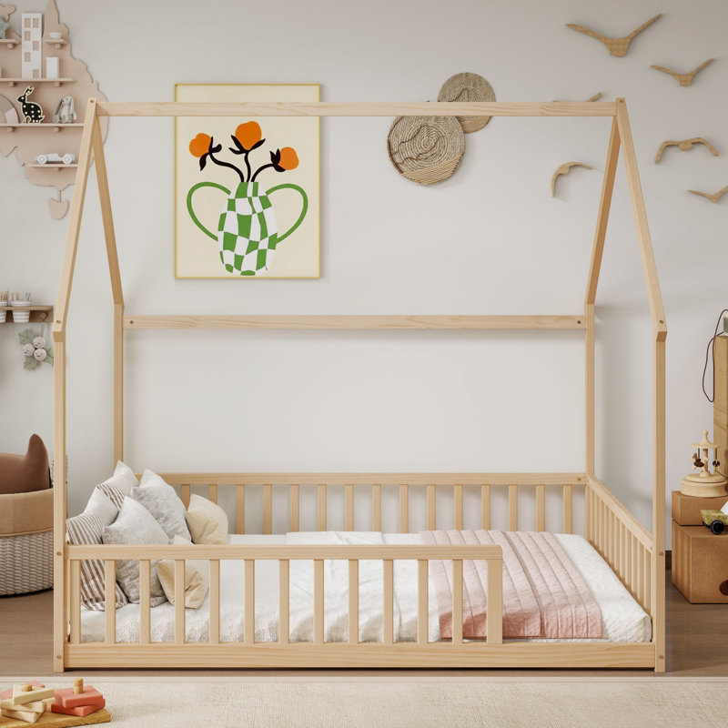 Lit en forme de maison, lit en bois avec garde-corps de sécurité, Double, Naturel