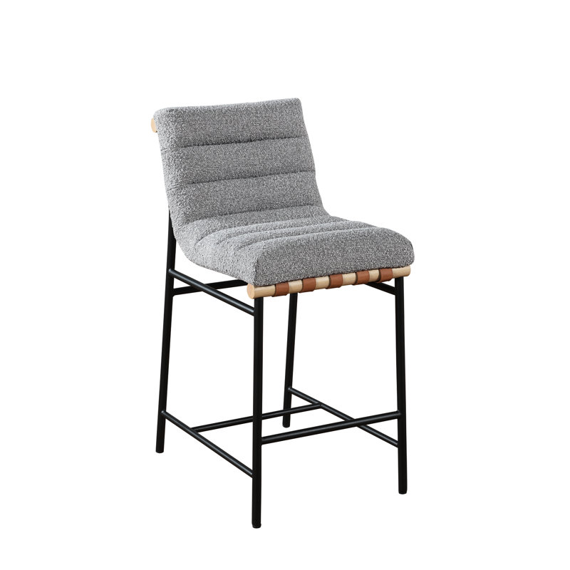 Stylish Grey Boucle Fabric Counter Chair With Leather And Wooden Decor Detail Charming Seat Iron Base