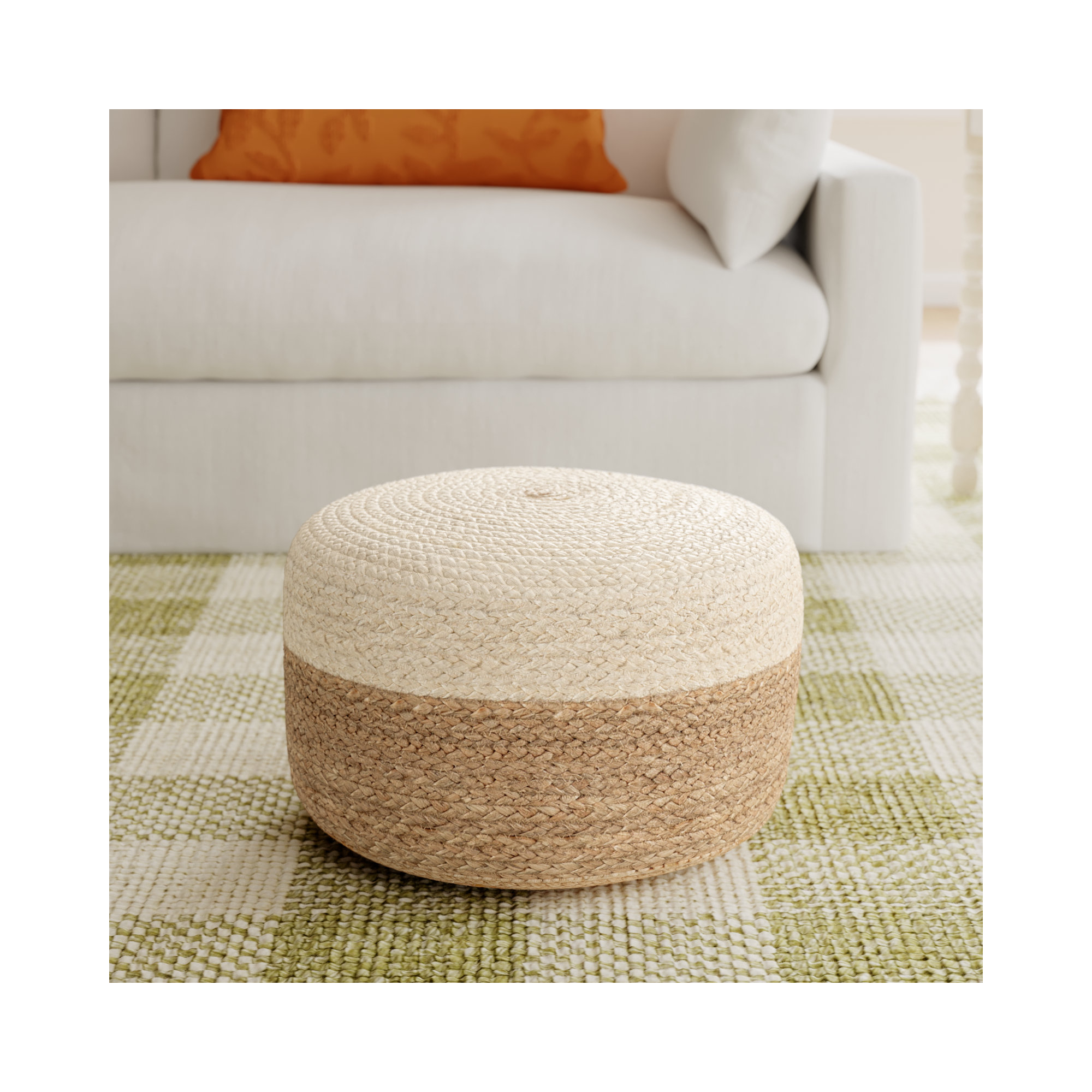 Teele 18" Wide Round Pouf Ottoman, White/Beige
