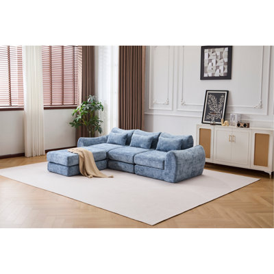 Canapé modulaire pliable Wave Star, tissu chenille pour le salon et la chambre à coucher, mobilier créatif confortable à extension instantanée avec 1 siège central, 1 repose-pieds et 1 chaise longue, bleu.