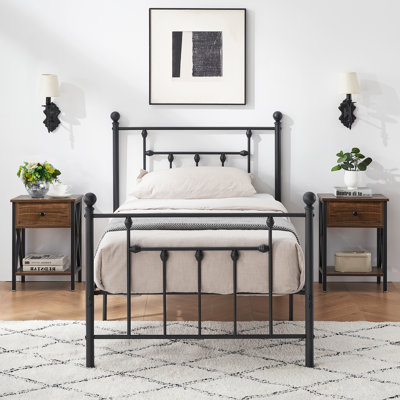 Kempst 3 Piece Bedroom Set, Twin Size Platform Bed Frame and Set of 2 Brown Nightstands, Modern Metal Twin Size Bedroom Furniture Set, Heavy Duty Slat Support, Under Bed Storage, No Box Spring Needed, Noise Free (Set of 3)