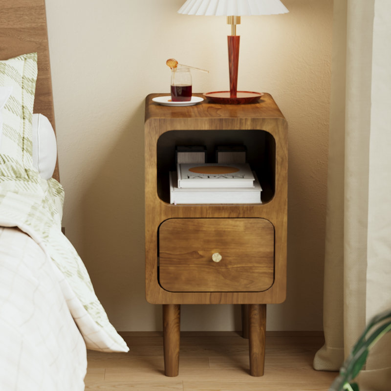 Table de chevet étroite, table de chevet en bois massif avec tiroirs, table de chevet moderne en noyer médiéval, petite table d'appoint avec support de rangement ouvert, convient aux chambres à coucher (12 pouces)