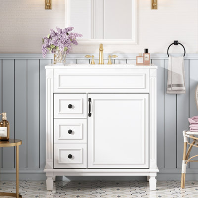 Meuble-lavabo de 30 po d'inspiration française avec lavabo en céramique, tiroirs à fonctionnement silencieux et tablette ajustable avec lavabo de 30 po