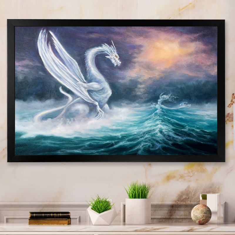 «White Dragon With Wings in Fantasy Ocean», reproduction d'art sur toile, Cadre photo noir, H 16 po x l 32 po x P 1 po