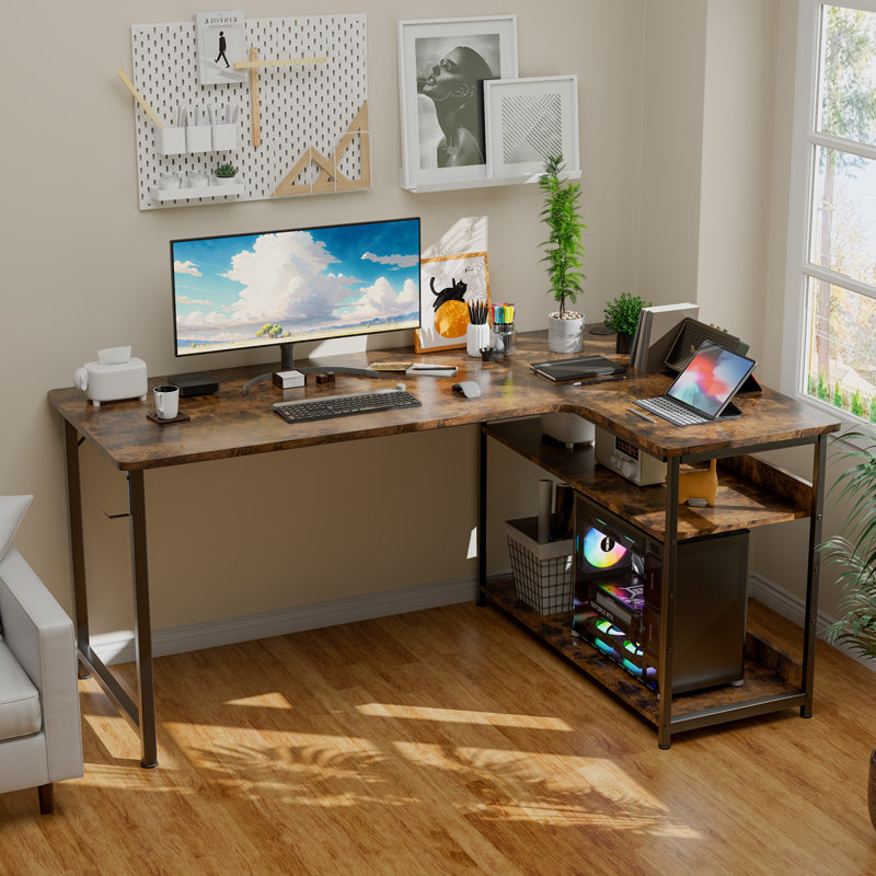 Hofstra L-Shaped Metal Base with Power Outlet Desk, Brown/Black, 74cm H x 110cm W x 80cm D