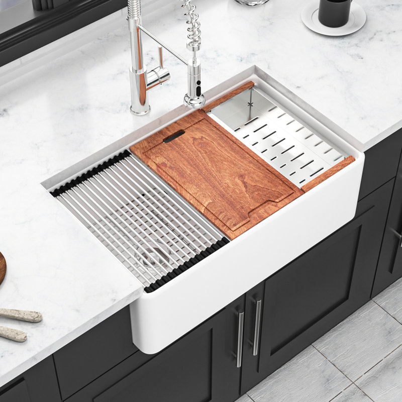Ceramic Double Bowl Kitchen Sink 33 Inch - White, , To Scratches, Workstation White Easy Clean, And Scratches