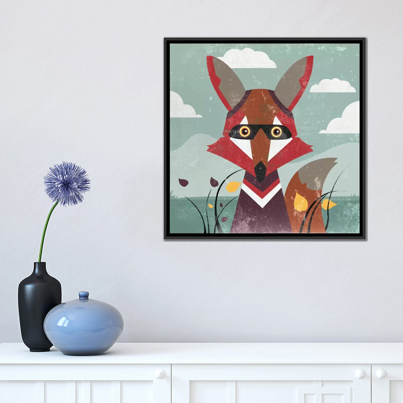 « fox », impression sur toile, H 18 po x l 18 po x P 1,5 po, Toile avec cadre noir, Pas de tapis