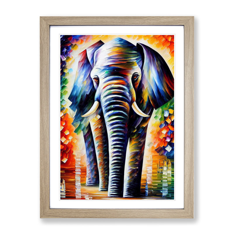 Colourful Elephant No.3 - Wall Art, 66cm H x 48cm W x 2cm D, Oak Framed, White