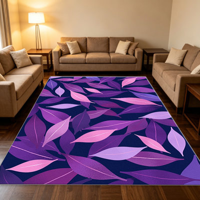 Tapis mauve à feuilles roses pour le salon, doux et confortable, convient à toutes les saisons, facile à entretenir, tapis de sol intérieur lavable à la machine, sous la table de ferme convenant à la chambre à coucher, à la salle à manger, au bureau, au patio, au balcon, à la maison
