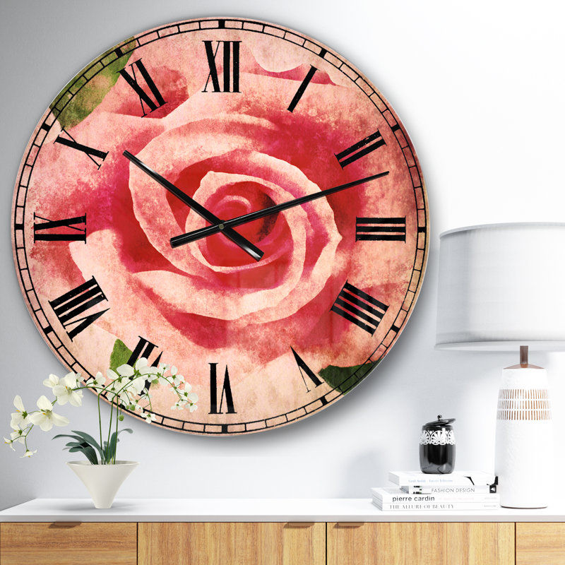 Grande fleur rose avec feuilles - Horloge murale traditionnelle, Surdimensionné
