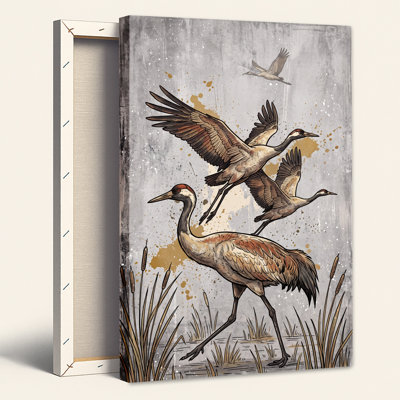 Sandhill Cranes Flying Over Cattails Canvas Wall Art