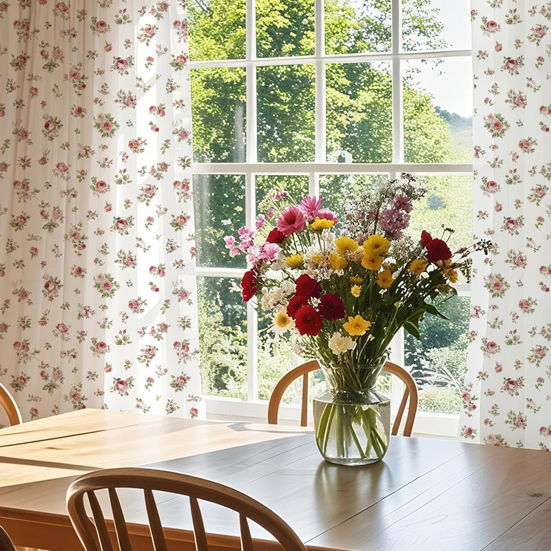 NICETOWN Rose Floral Linen Curtains for Living Room, Light Filtering Farmhouse Drapes Country Vintage Back Tab Window Panels for Bedroom, 2 Panels