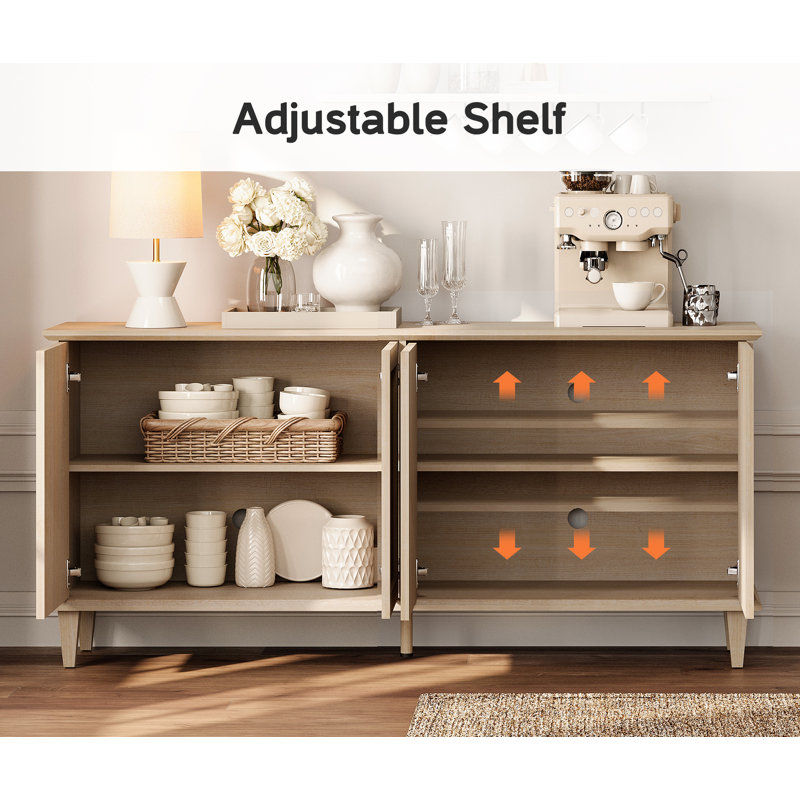 4-Door Modern Accent Cabinet With Handmade Patchwork Design,Thickened Top & Adjustable Shelves,Solid Wood Leg Credenza Storage Cabinet For Living Room,Kitchen,Dining Room,Hallway,Beige