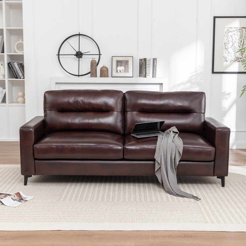83‘’ Wide Genuine Leather Sofa With Square Arms, Espresso