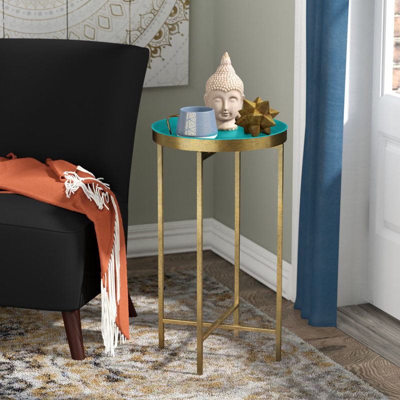 Ekta Tray Top End Table, Gold, Light Teal