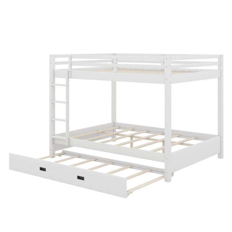Queen Size Bunk Bed With Ladder And Trundle, White