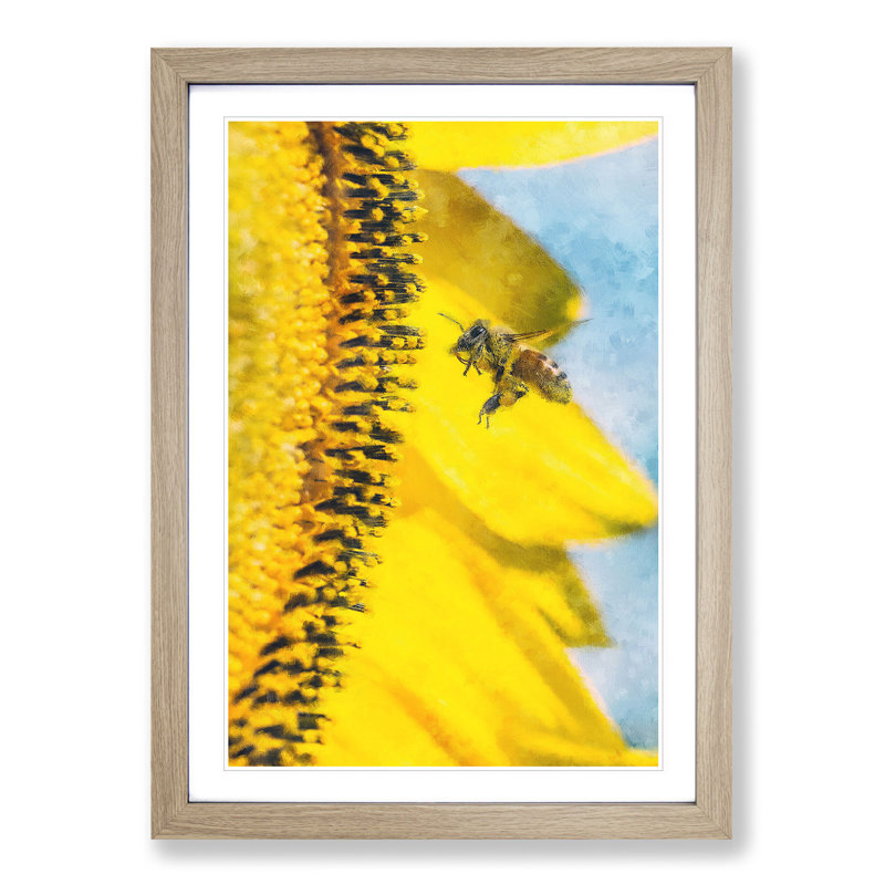 Busy Bee & Yellow Flower - Picture Frame Graphic Art Print, 87cm H x 62cm W x 2cm D, Oak Framed