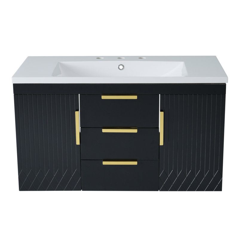 Meuble-lavabo mural 36 po avec lavabo en résine, armoire flottante peu encombrante avec 2 tiroirs, structure en bois massif