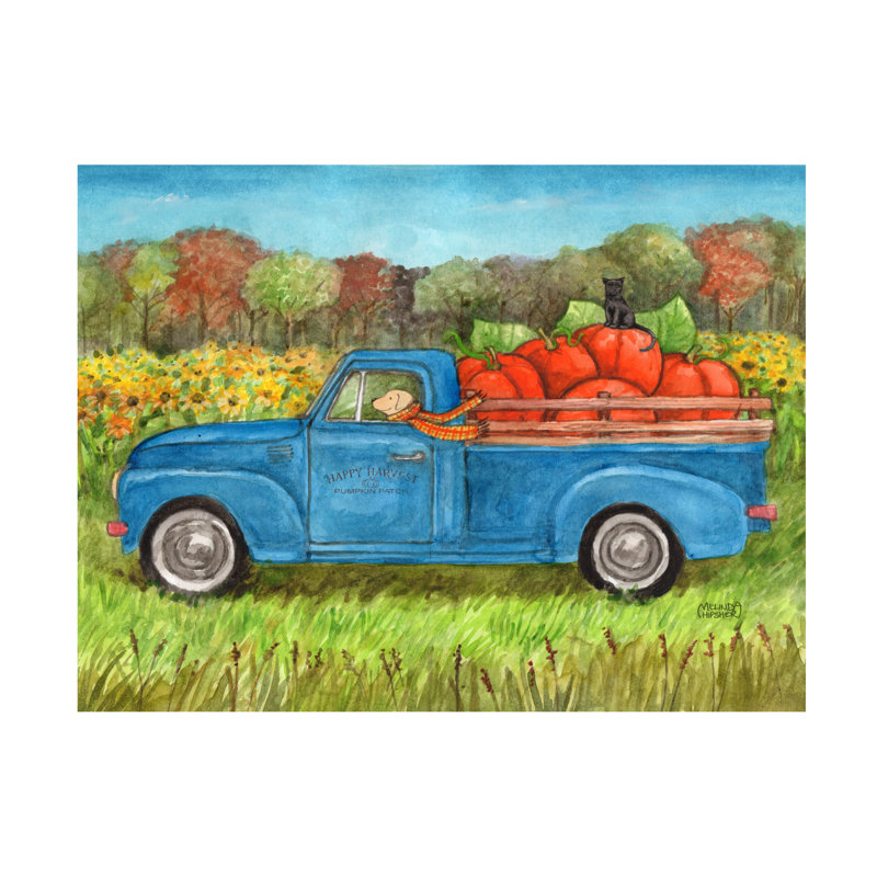Art sur toile «bolologia bolinda» avec citrouilles et chien, H 14 po x l 19 po