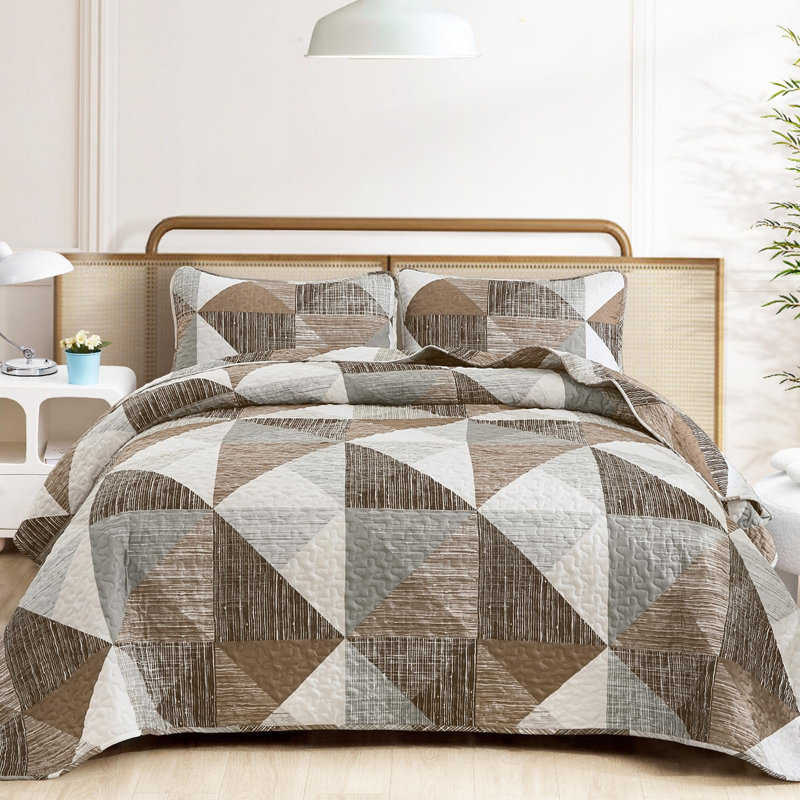 Ensemble de courtepointe géométrique en microfibre 3 pièces Patchwork, Courtepointe très grand et 2 très grandes taies 