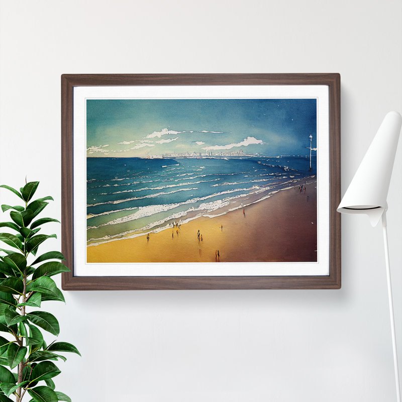 Beach In Watercolour Vol.1 - Single Picture Frame Painting, 34cm H x 46cm W x 2cm D, Walnut