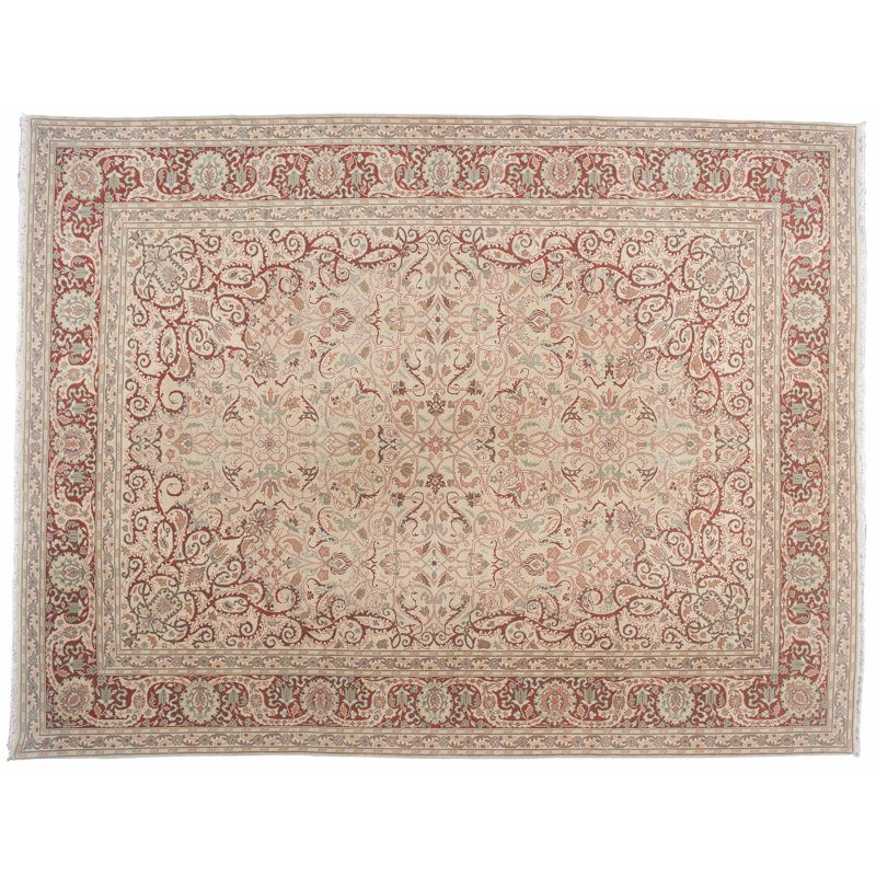 Tapis unique en laine noué à la main beige de 9 pi 1 po x 11 pi 1 po