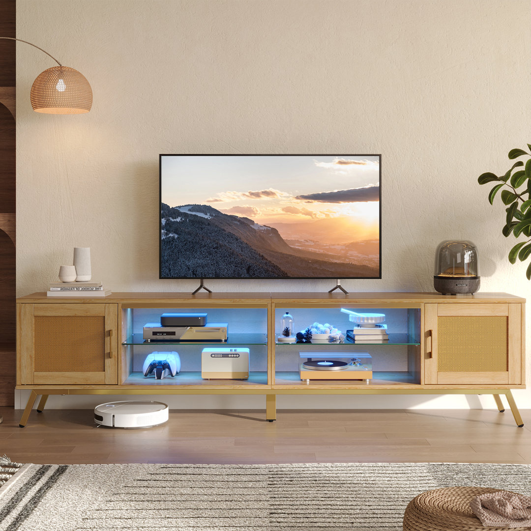 203cm Tv Stand With Led for Tvs Up to 85", Rattan Entertainment Center with Cabinets and Open Compartments