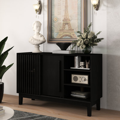 Black 47.3" Sideboard With Fluted Design, 2 Doors, Solid Wood Base & Feet, Tv Media Console, 3 Open And Hidden Storage, High - Quality Waterproof, Outlet Holes For Charging Cabinet, Storage Kitchen,