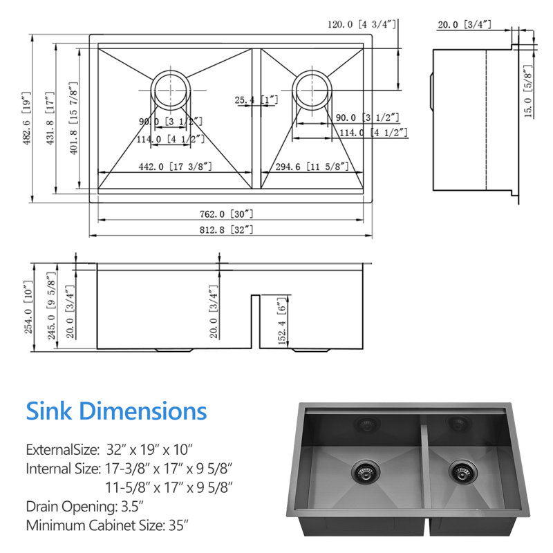 32 Black Undermount Double Bowl Kitchen Sink