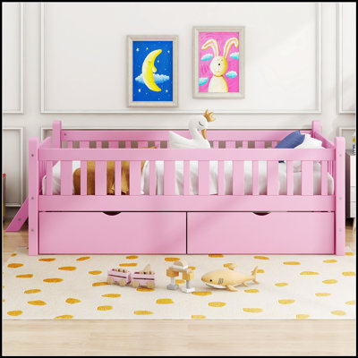 Wood Platform Bed with Guardrail and 2 Drawers, Perfect for Children's Rooms and Space-Saving Storage