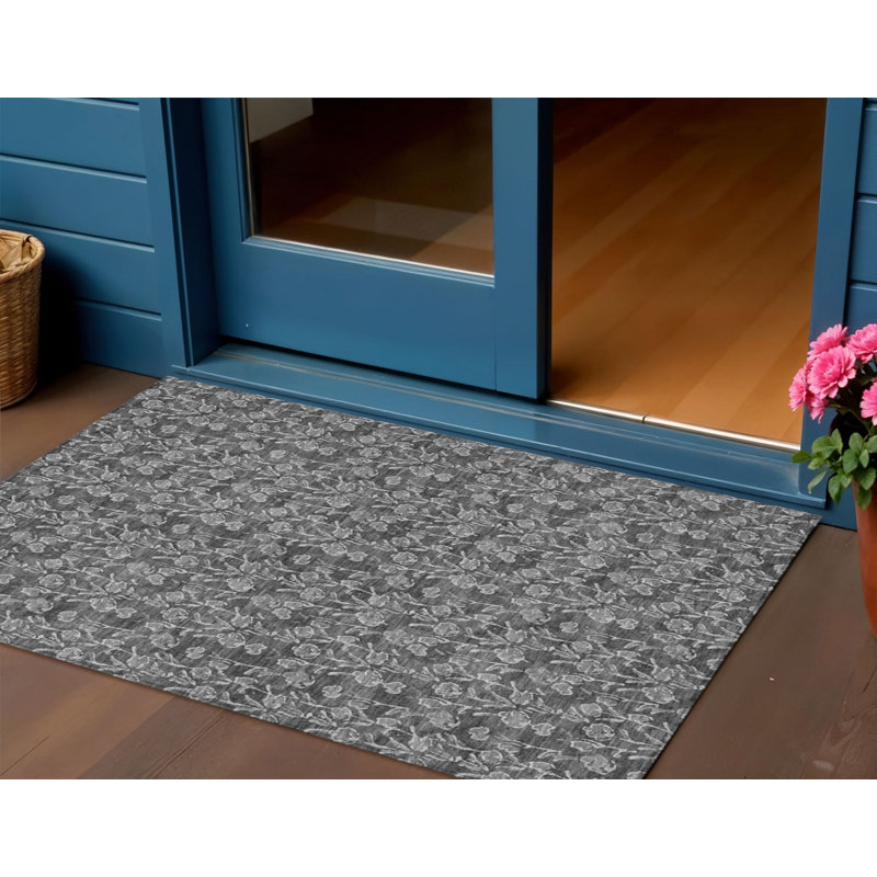 Tapis extérieur gris anthracite lavable floral 3 pi x 5 pi