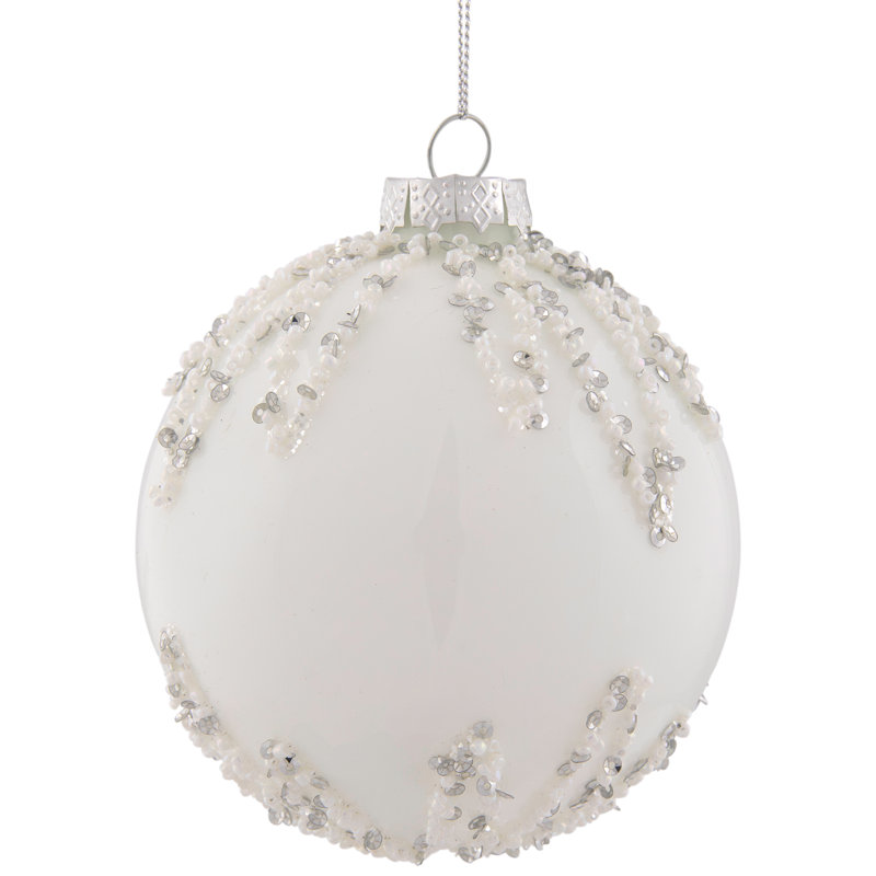 Ornement boule de Noël en verre à paillettes de 4 po blanc et argent