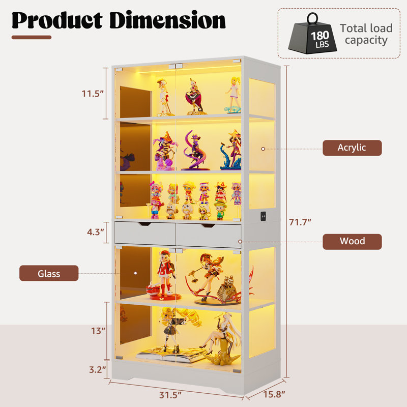 71.7"H Display Cabinet with Glass Doors, 5-Tier Curio Cabinet with Smart Human Sensor & RGB LED Lights, Modern Glass Display Case with Drawers for Collectibles, White