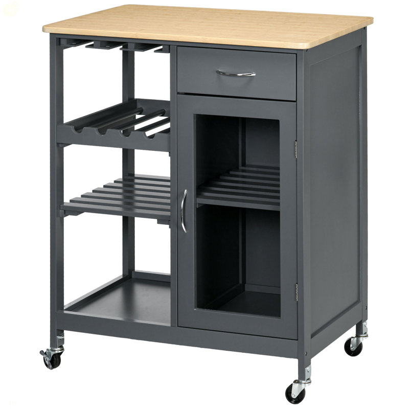 Îlot de cuisine roulant avec rangement, chariot de cuisine avec support à vin pour 4 bouteilles, chariot de bar avec porte-verres à pied, tablettes, tiroir et armoire