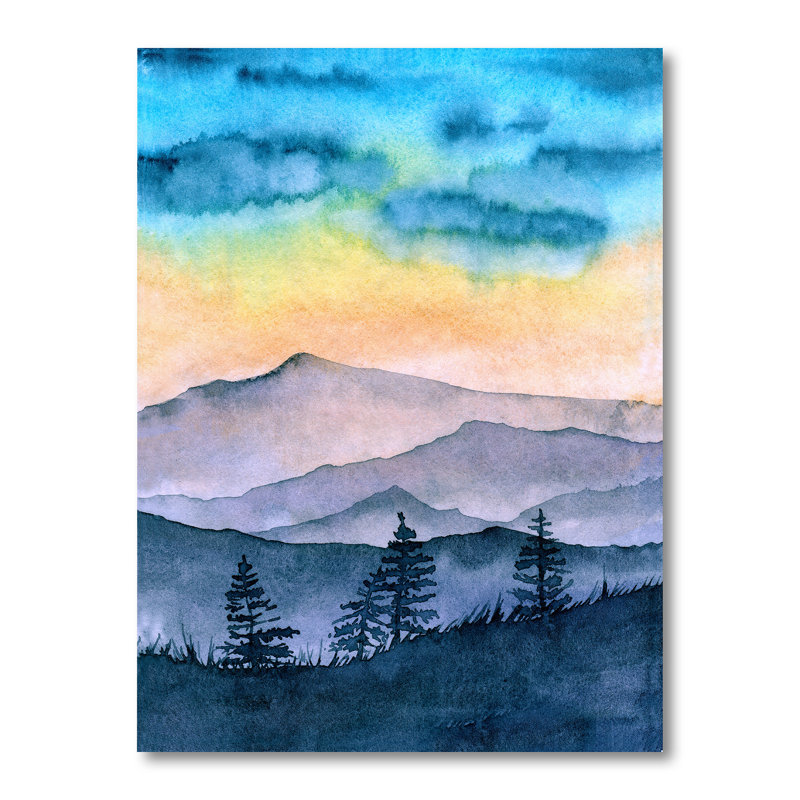 Paysage avec montagnes brumeuses au coucher du soleil - peinture sur toile, H 32 po x l 24 po, Toile tendue