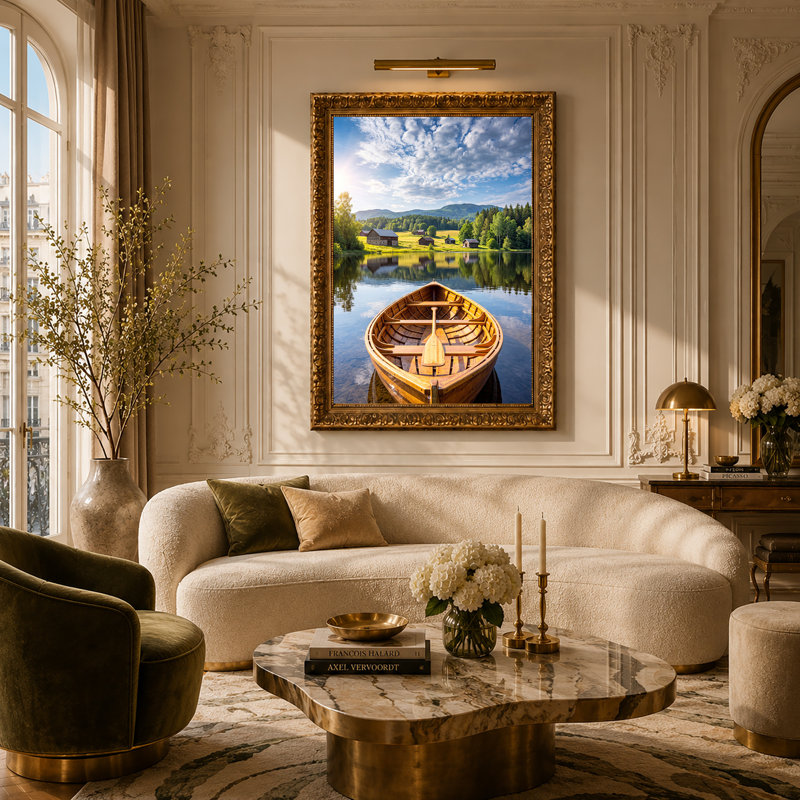 Toile en bois sur le lac avec montagnes et cabanes, art mural, 30"H x 20"W