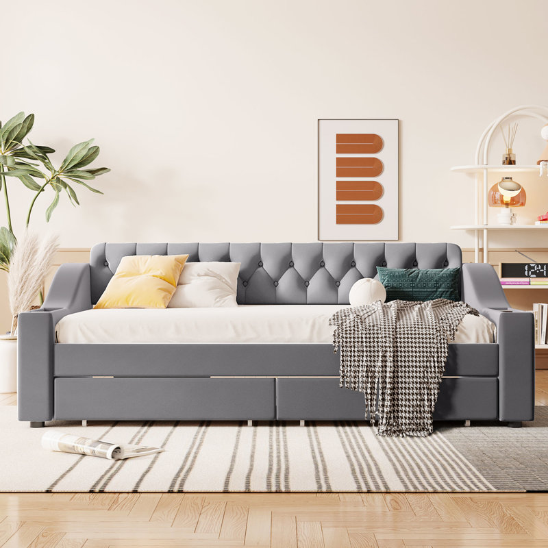 Lit de jour simple rembourré gris avec rangement et pièce de mode moderne incontournable pour la chambre à coucher