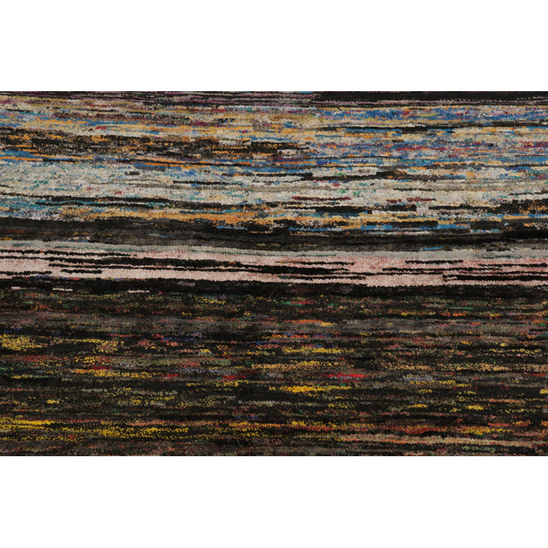 Textural Hand Knotted Silk Area Rug in Brown, Blue, Beige, Black