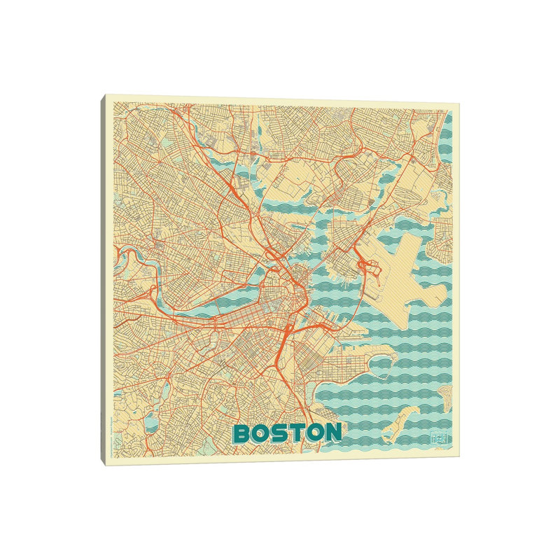 Boston Retro Urban Blueprint Map by Hubert Roguski - Wrapped Canvas Print, 93.98 cm H x 93.98 cm W x 3.175 cm D