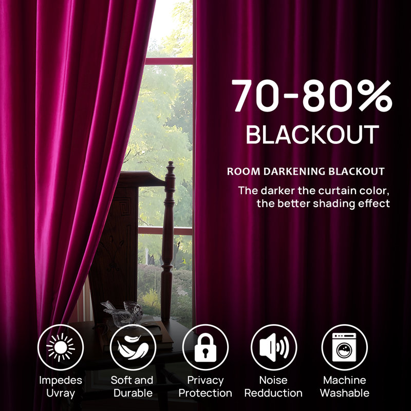 Luxury Pinch Pleated Velvet Blackout Curtains - Room Darkening 75%-85% Back Tab Drapes with Hooks+Rings (set of 2), Hot Pink