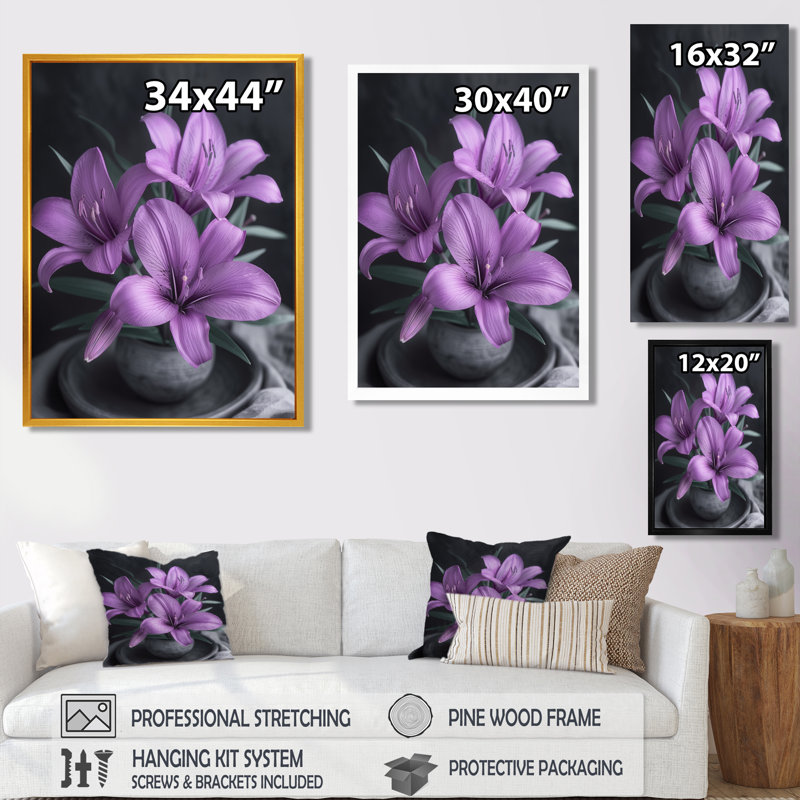 Reproduction d'art moderne lys mauves et noirs modernes, H 24 po x l 32 po, Cadre simple noir
