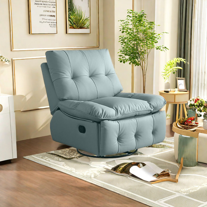 Versatile Recliner With High Resilience Faux Leather Swivel Recliner, Light Blue