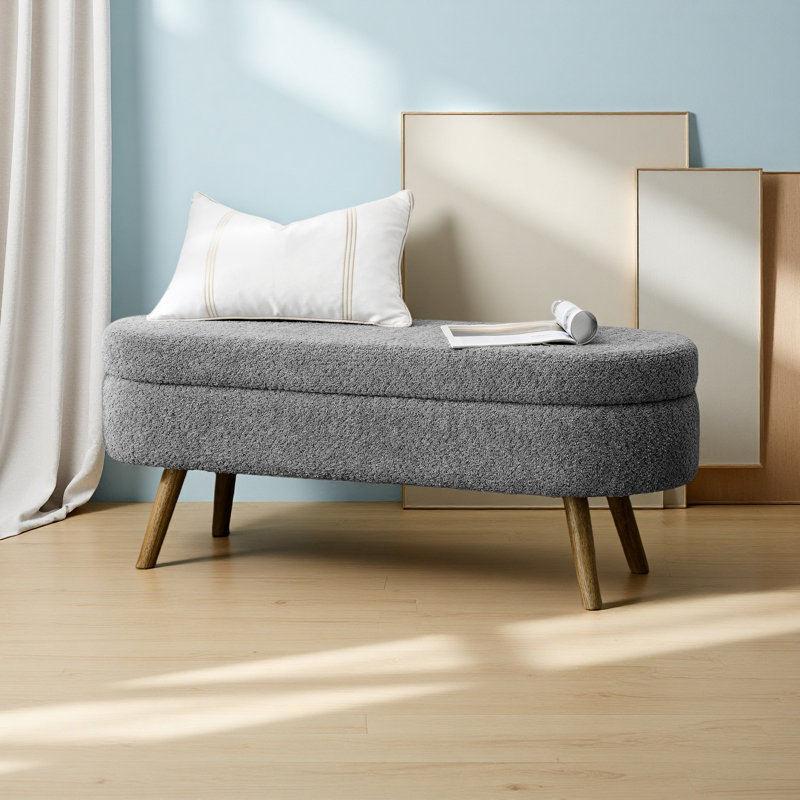Banc de rangement repose-pieds ovale, pieds en bois d'hévéa, Gris